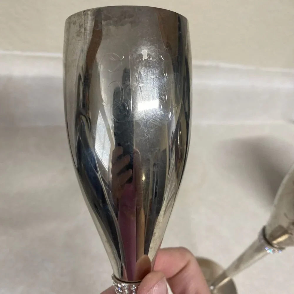 Things Remembered Silver Plated Swarovski Crystal Champagne Toasting Flutes Set